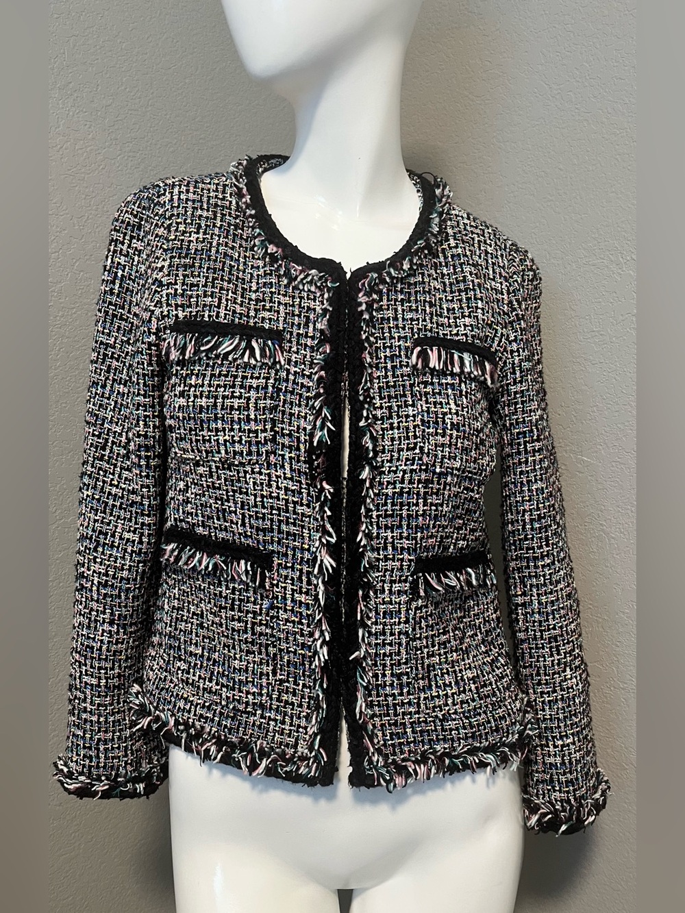 J. CREW Women’s  Lady Metallic Black Multicolor Tweed Fringe-Trim Jacket Size 4